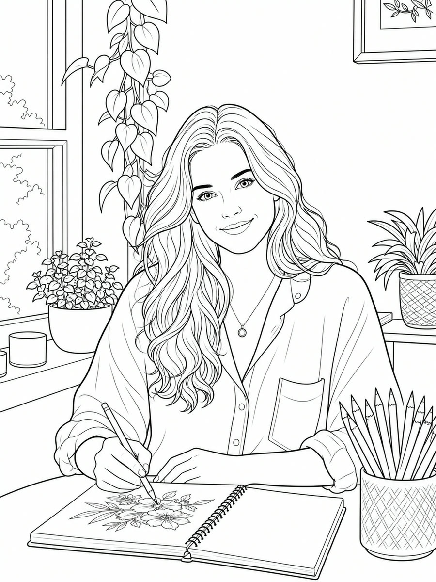 Drawing desk portrait converted into adult coloring book line art