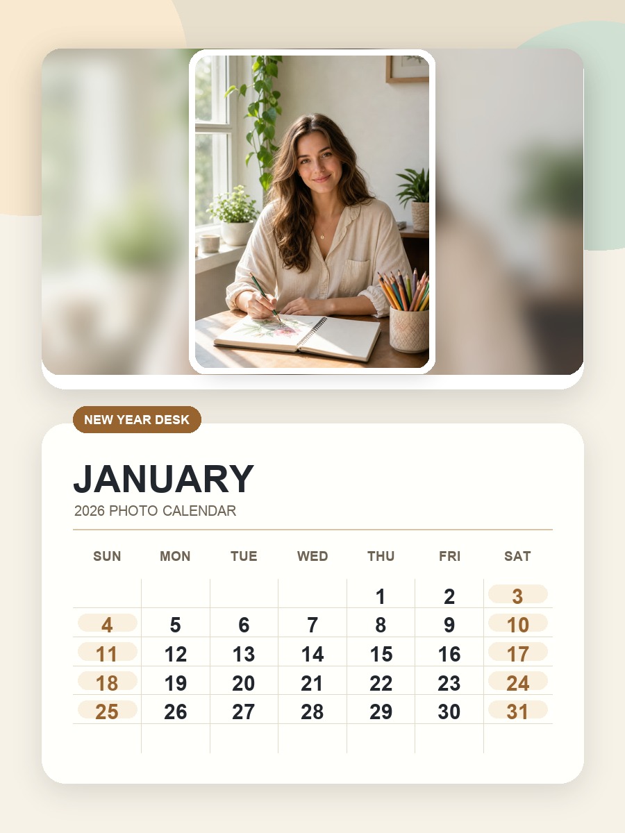 January 2026 desk portrait calendar generated from the photo