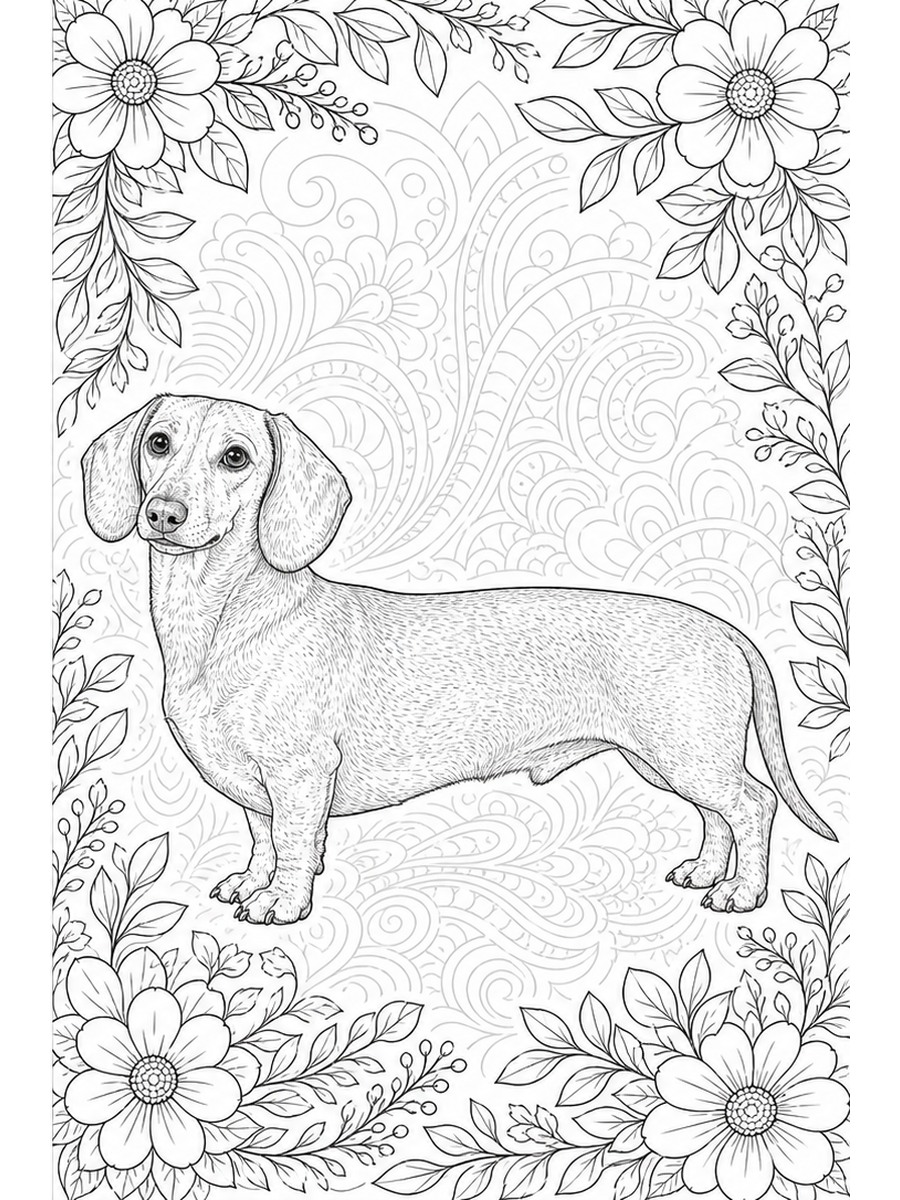 带花卉边框和 zentangle 细节的侧身腊肠犬涂色页输出