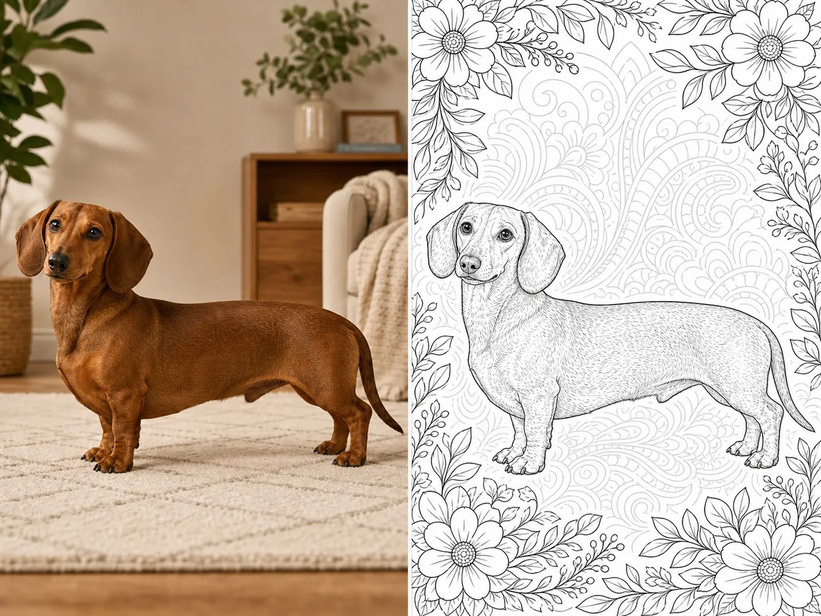 Dachshund coloring pages for adults before and after example