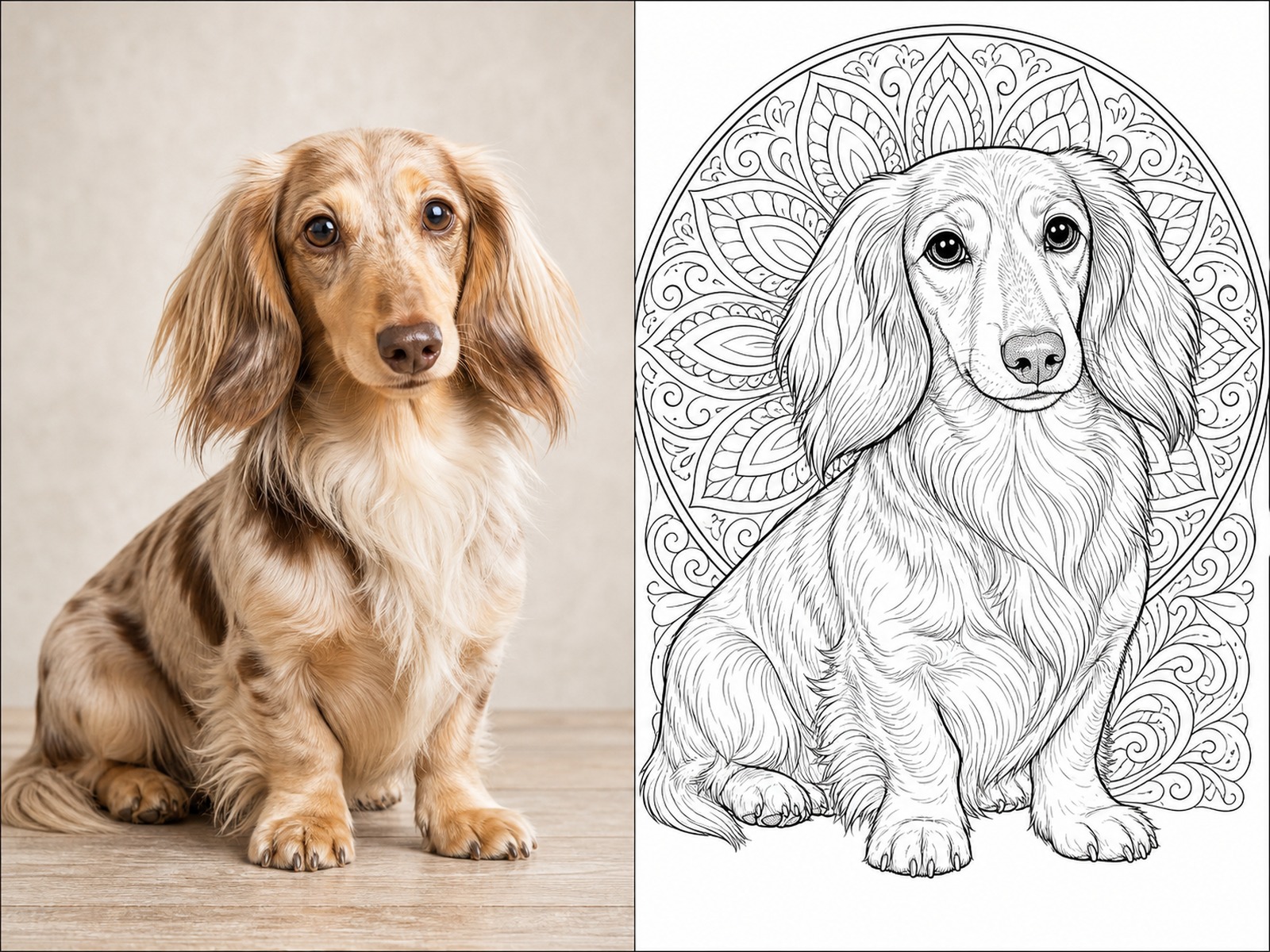 长毛腊肠犬照片和曼陀罗涂色页对比