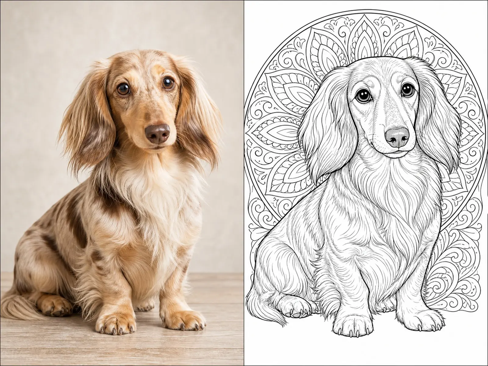 Long-haired dachshund photo and mandala coloring page comparison