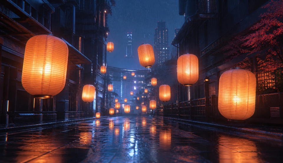 Rainy lantern alley concept poster for cinematic framing in the Wan generator