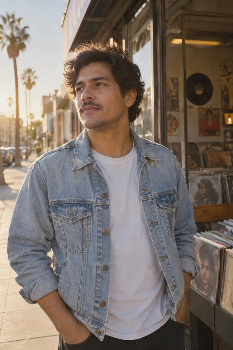 A man in light denim outside a record shop in warm afternoon light