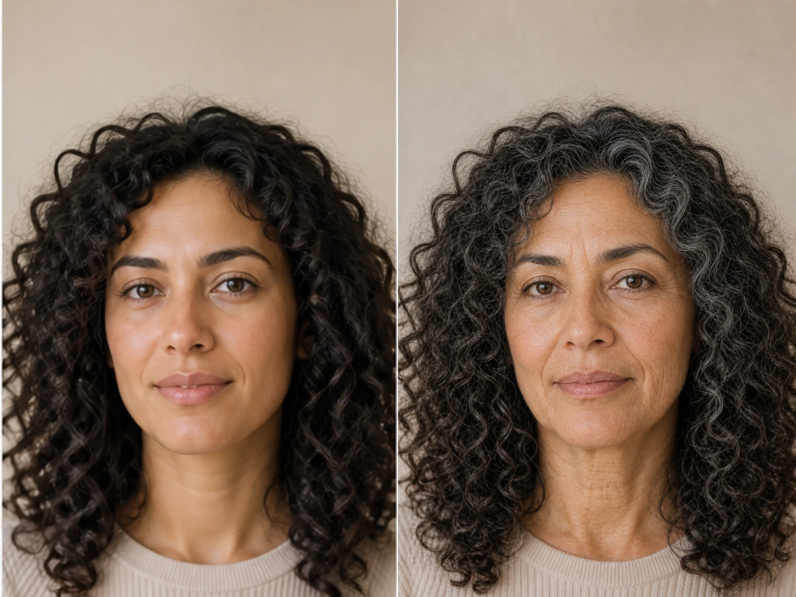 Same fictional curly-haired adult before and after a balanced seventies simulation