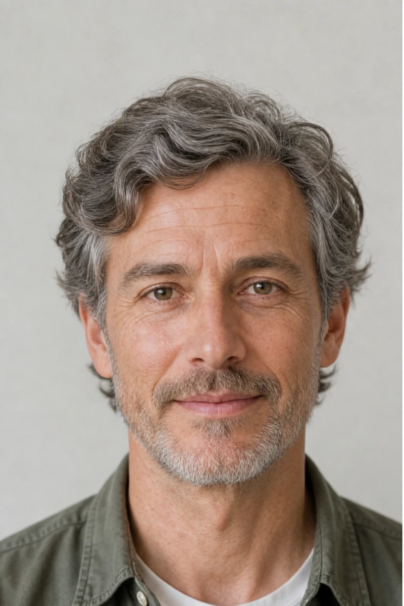 Same fictional adult man with natural mature skin and gray hair