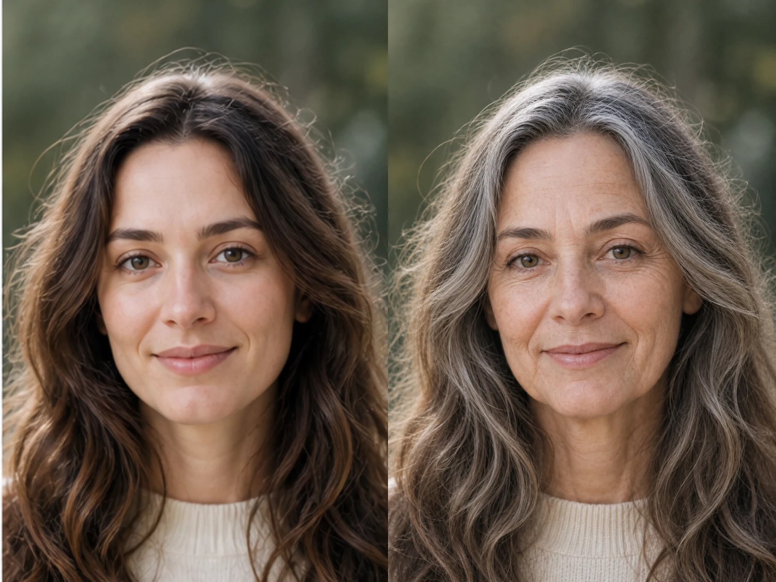 Same fictional long-haired adult before and after a silver-hair age progression