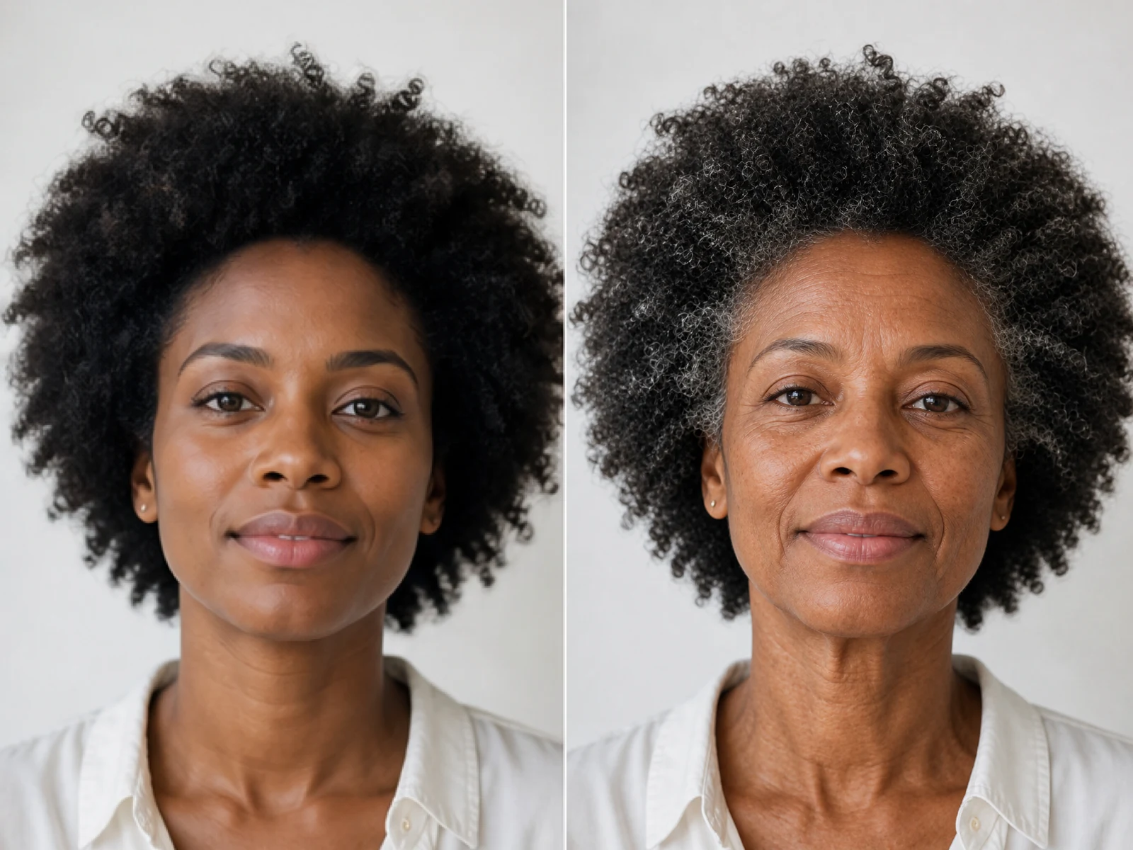 Same fictional Black adult before and after an identity-preserving old age filter