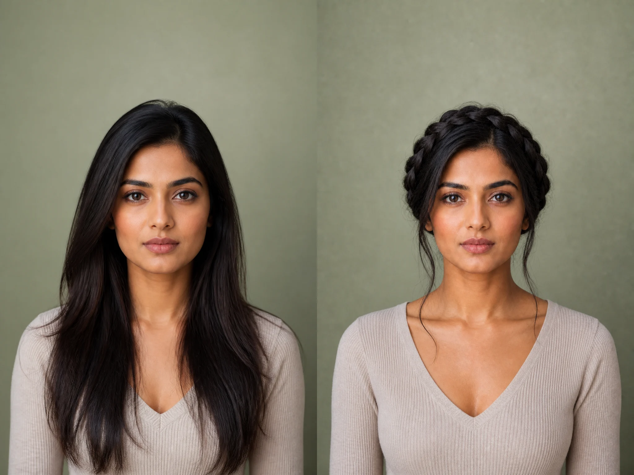 Long straight hair changed to a thick braided crown on the same fictional adult portrait