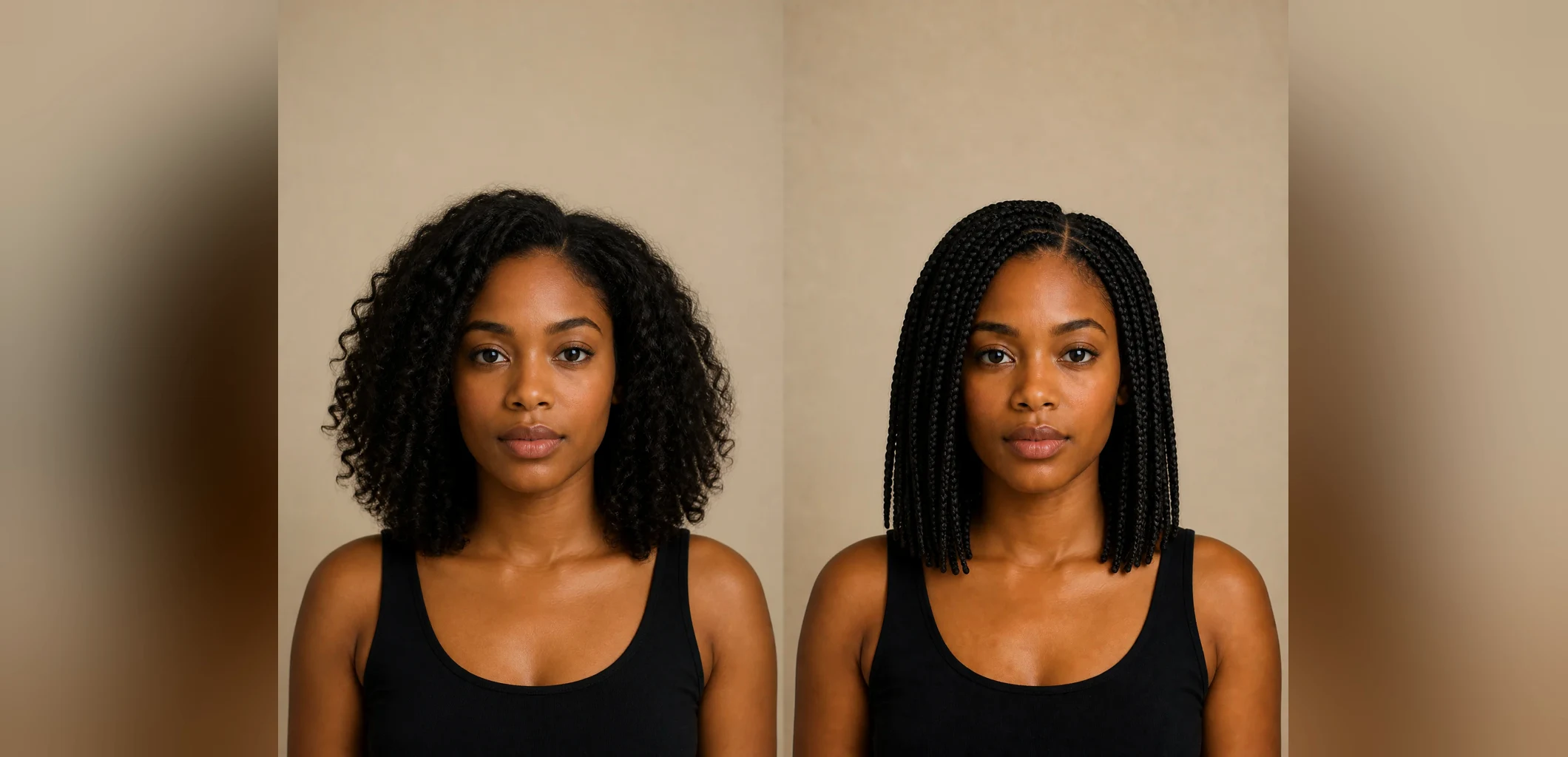 Original fictional adult portrait and generated knotless box braids shown side by side
