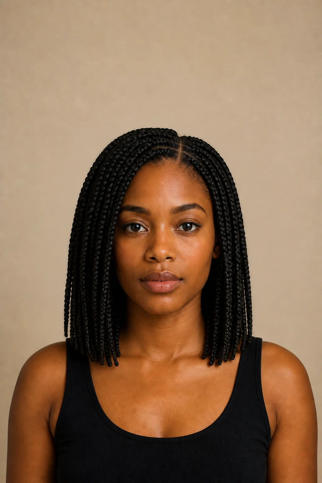 Same fictional adult portrait with medium knotless box braids