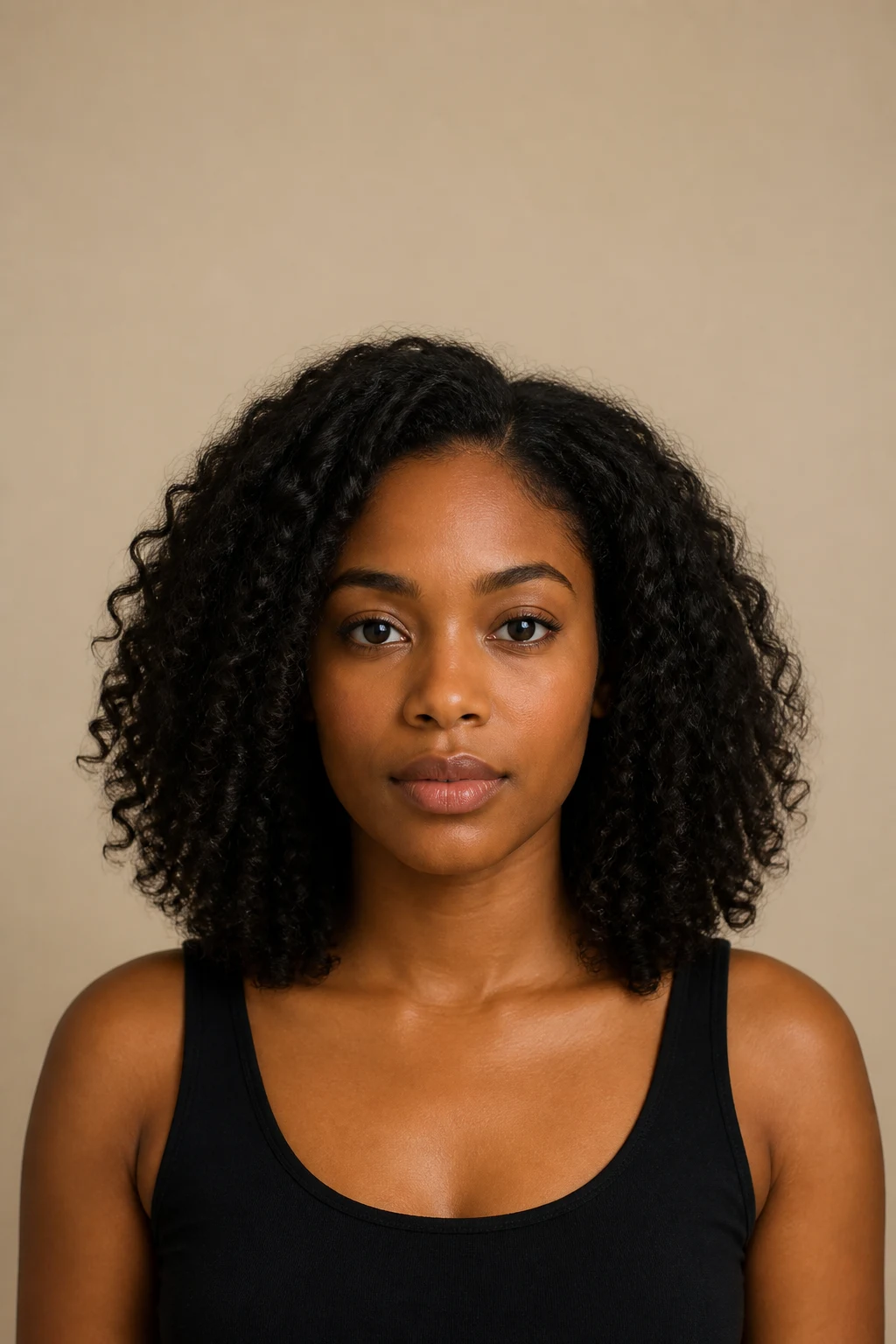 Fictional adult portrait with loose natural curls before using the braid filter