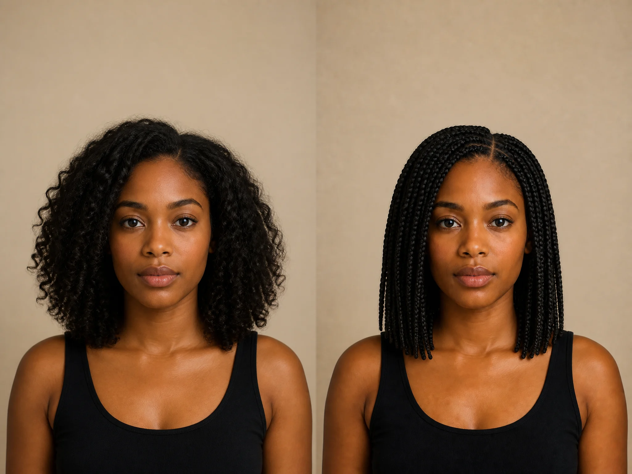 Loose natural curls changed to knotless box braids on the same fictional adult portrait