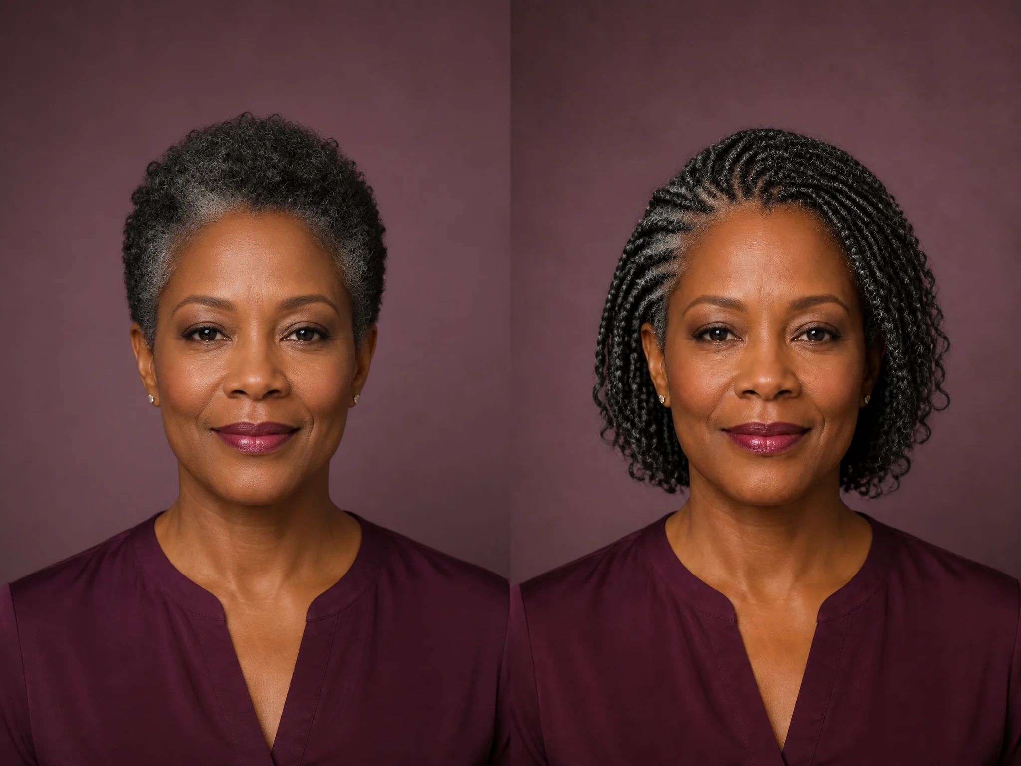 Short black-and-silver natural hair changed to goddess braids on the same fictional mature adult