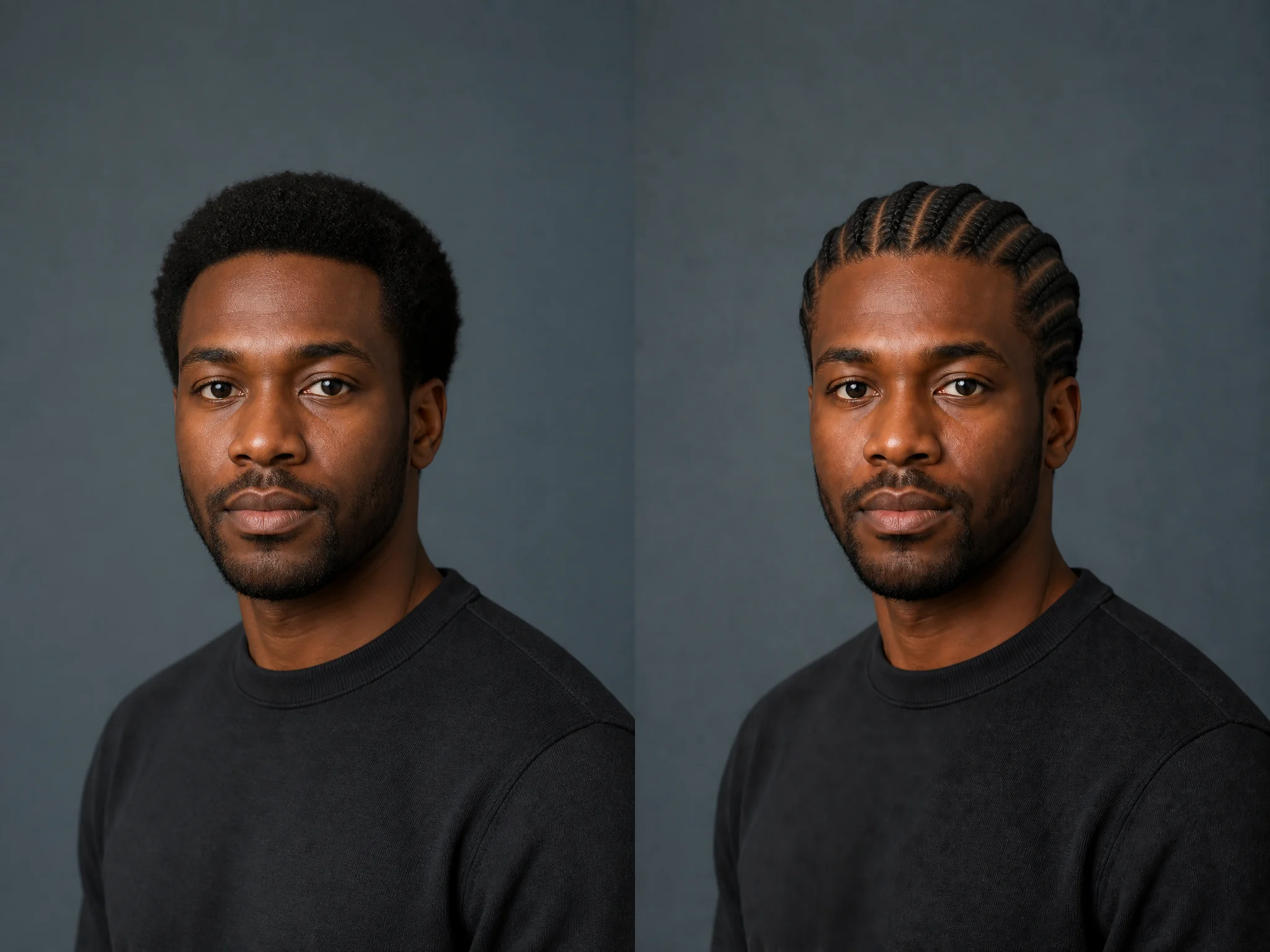 Short natural afro changed to straight-back cornrows on the same fictional adult man