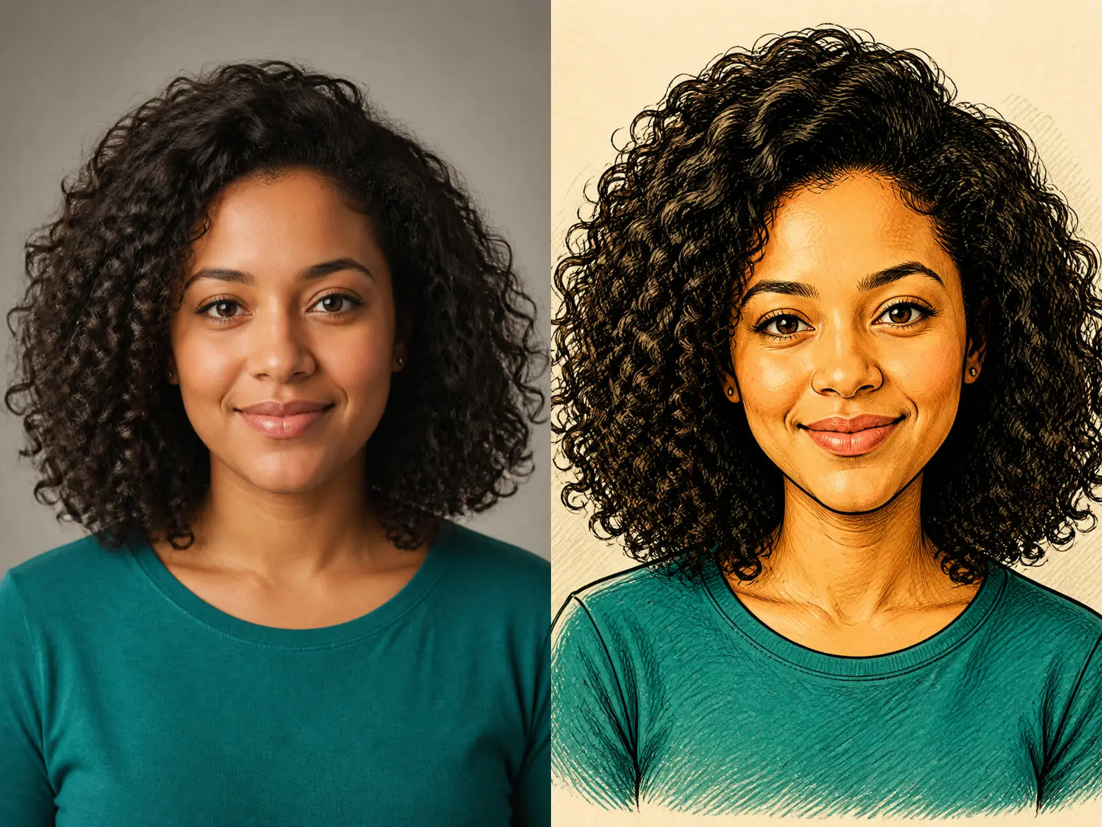 Portrait before and after using the AI caricature generator