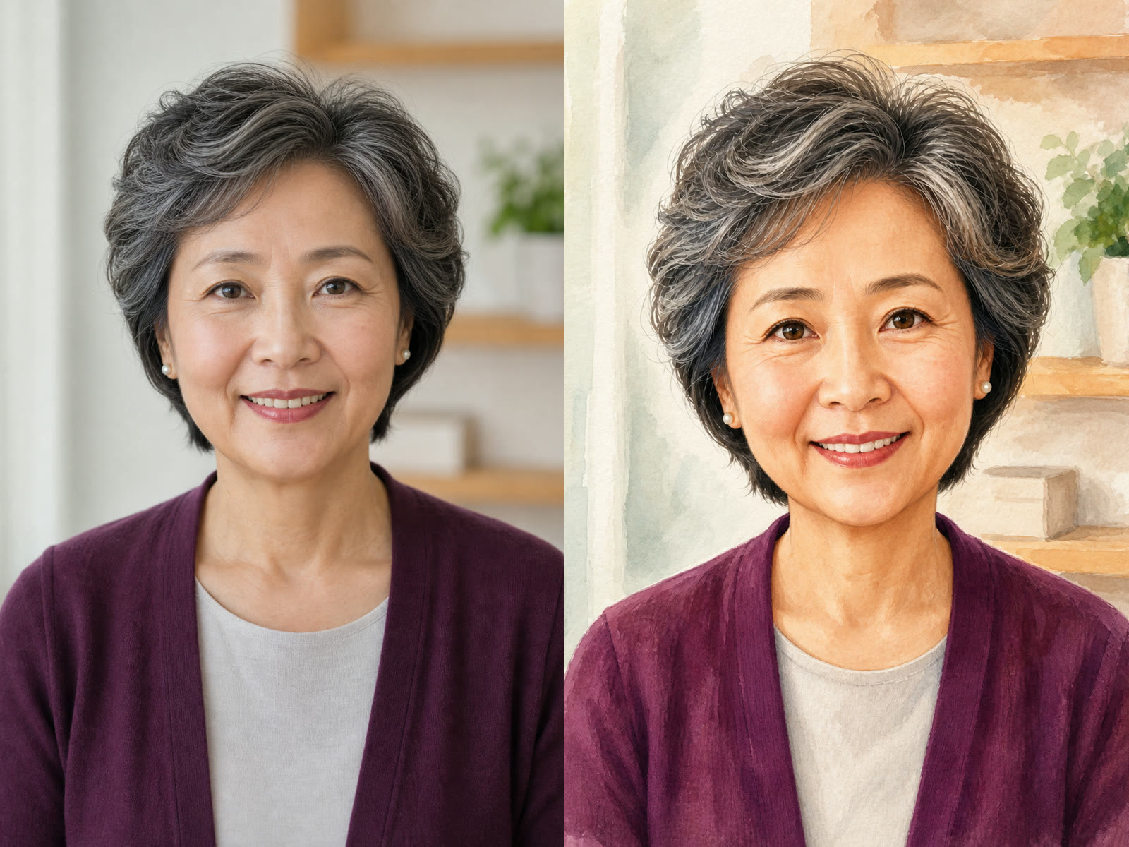 年长女性人像与得体柔和水粉夸张肖像并排展示