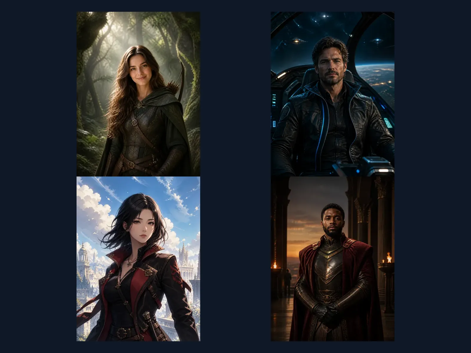 Four original character portrait directions including fantasy, science fiction, anime, and royal guardian