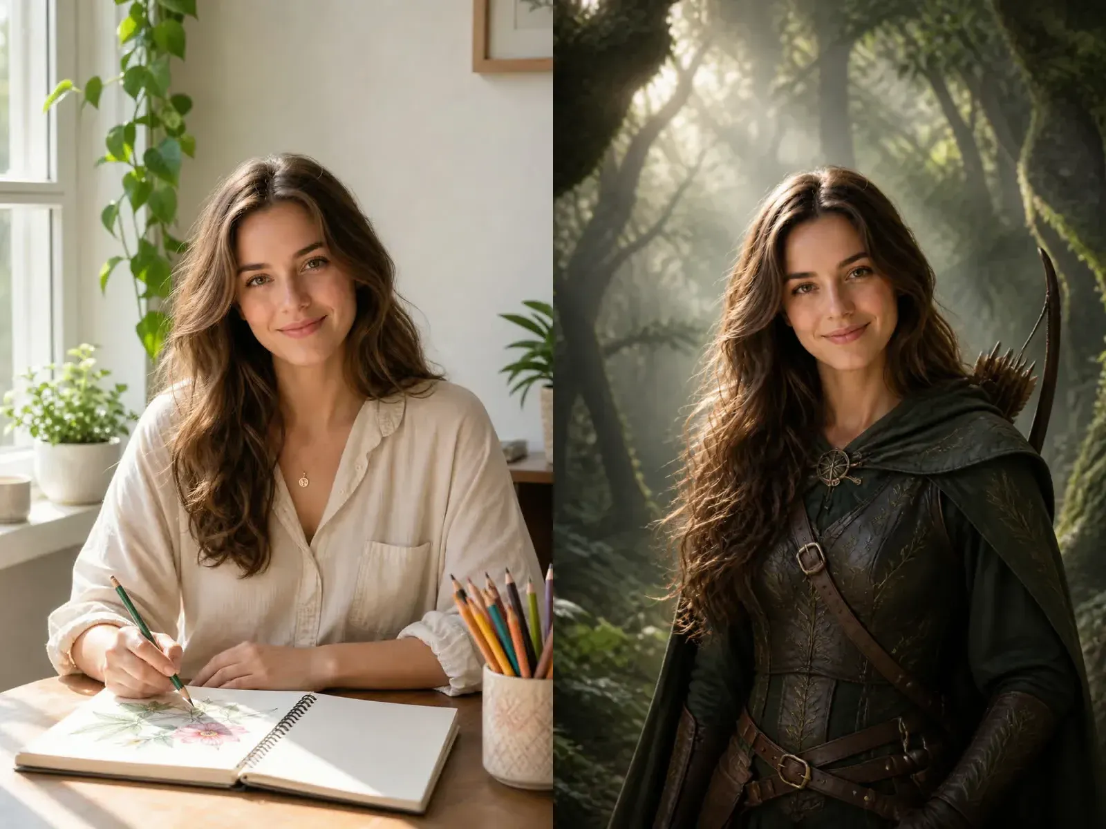 Natural portrait before and after an original fantasy ranger character transformation