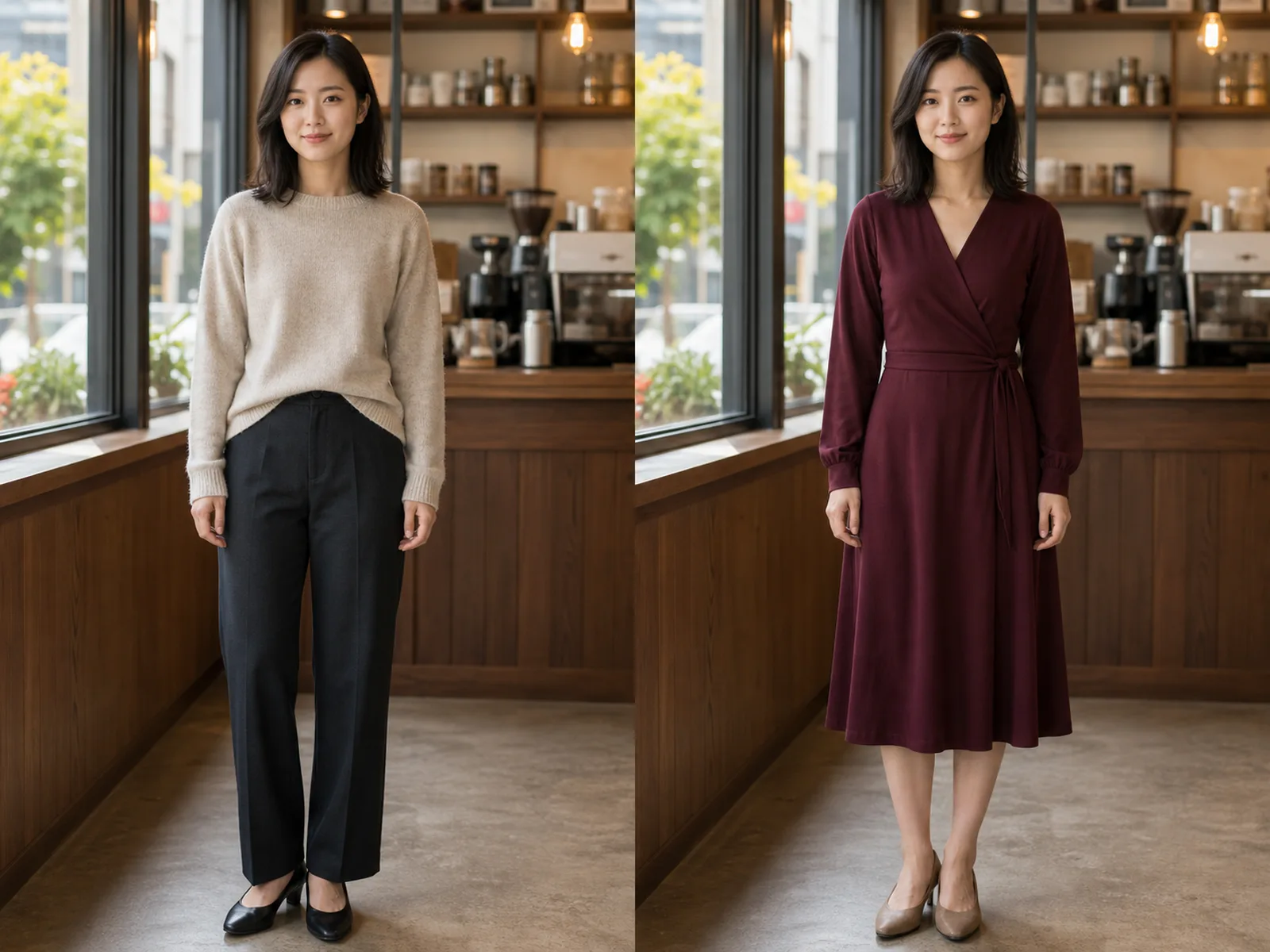 Fictional adult before and after changing casual separates to a burgundy dress