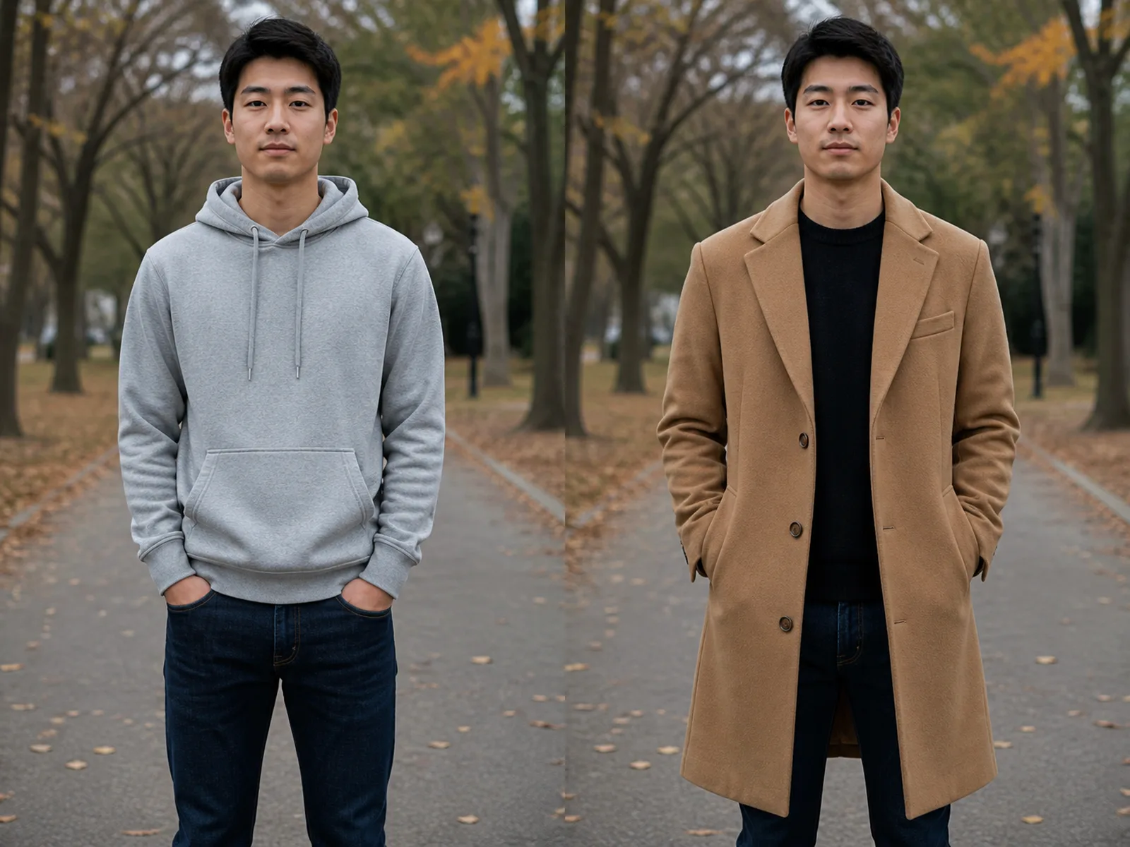 Fictional adult before and after changing a hoodie to a camel coat