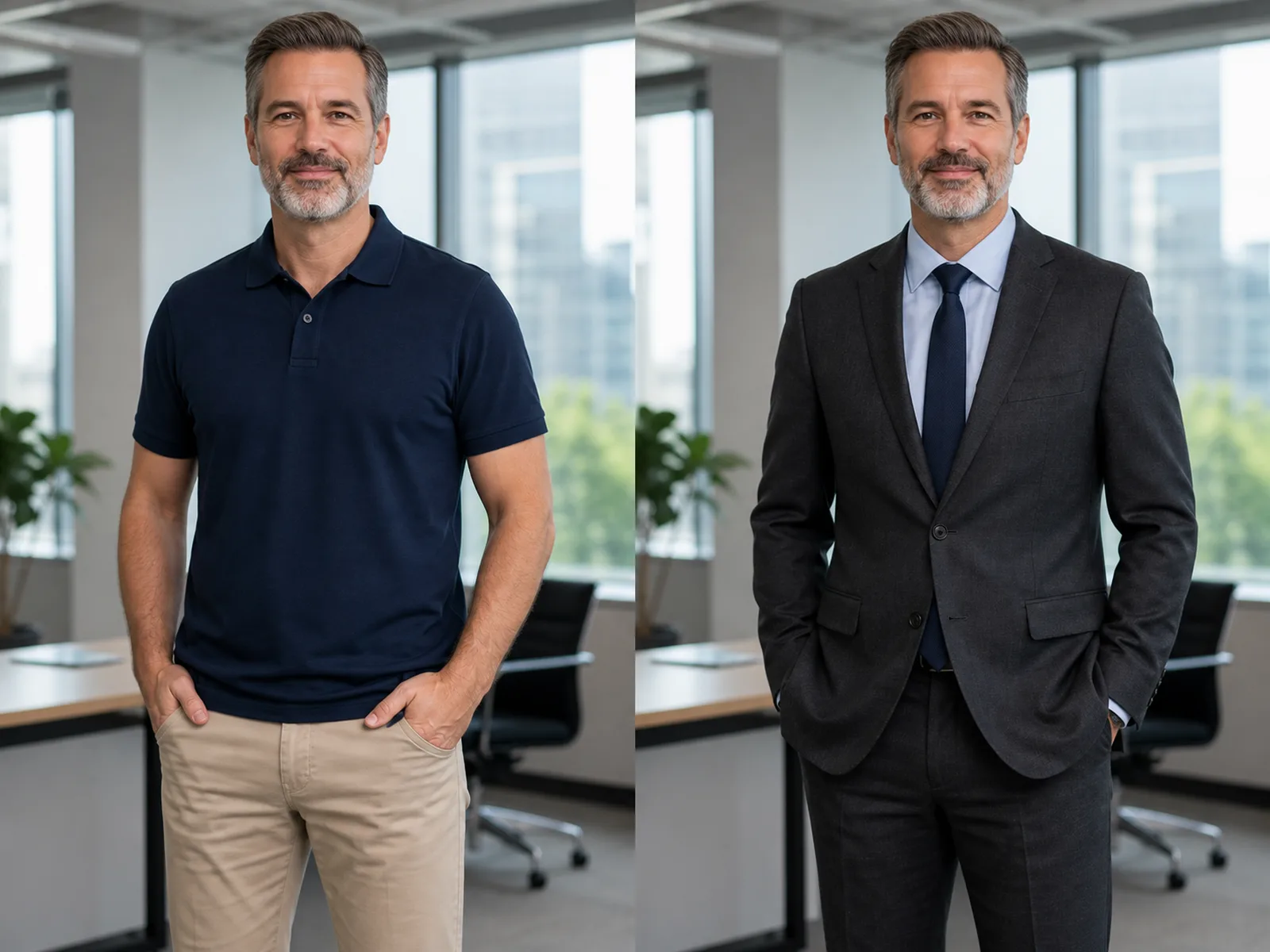Fictional mature adult before and after changing a casual outfit to a charcoal suit