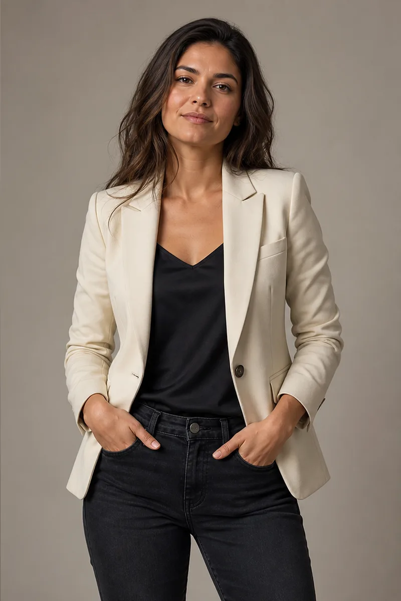 Same fictional adult wearing a cream blazer with identity and pose preserved