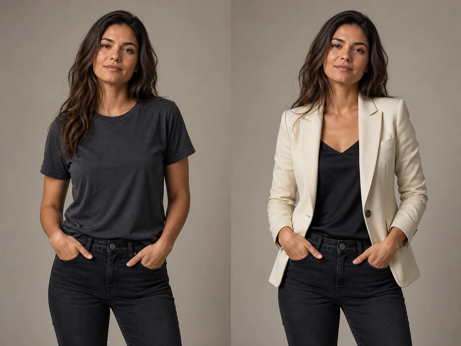 Fictional adult before and after a T-shirt is replaced with a cream blazer