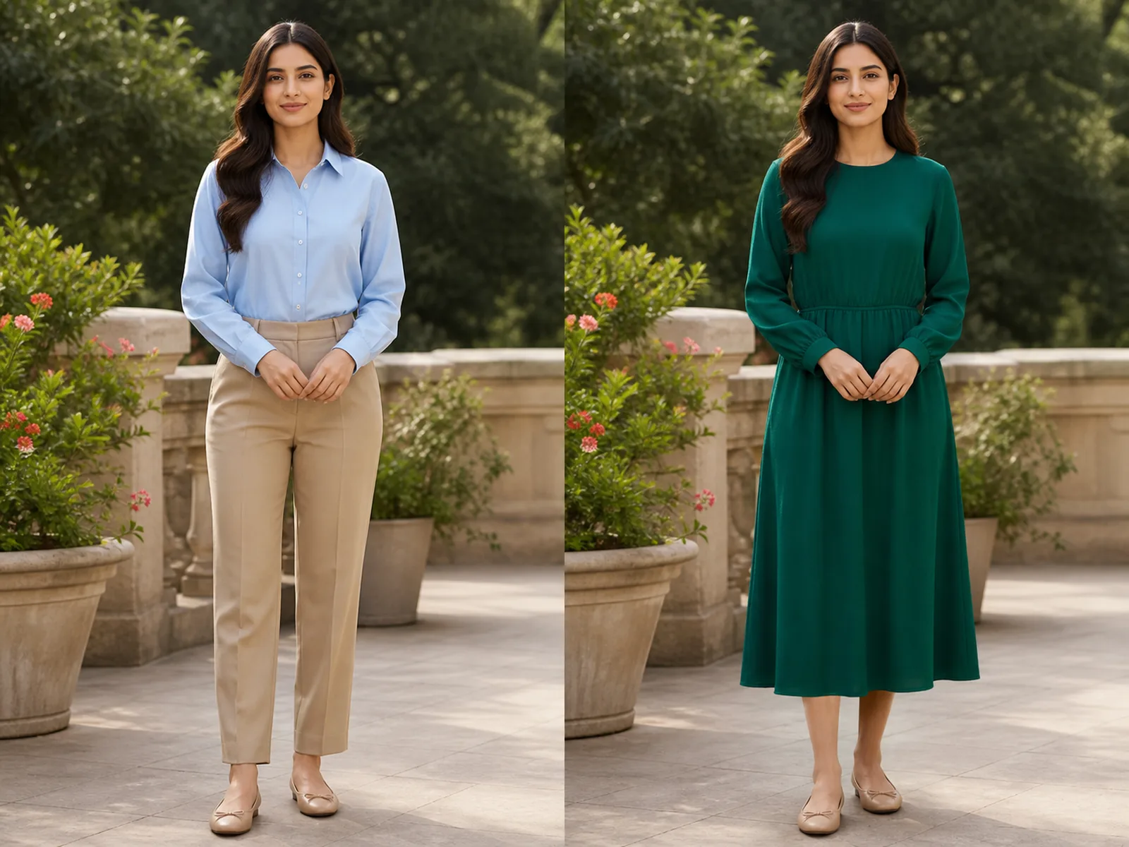 Fictional adult before and after changing daywear to an emerald midi dress