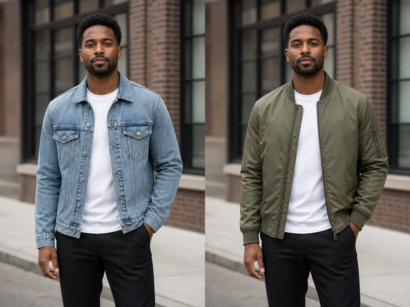 Fictional adult before and after a denim jacket changes to an olive bomber