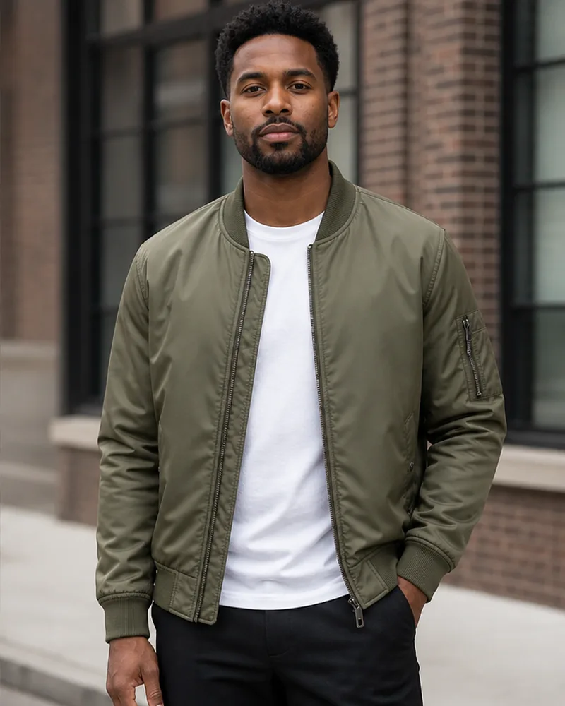 Olive bomber clothing reference illustrating a bounded jacket transfer