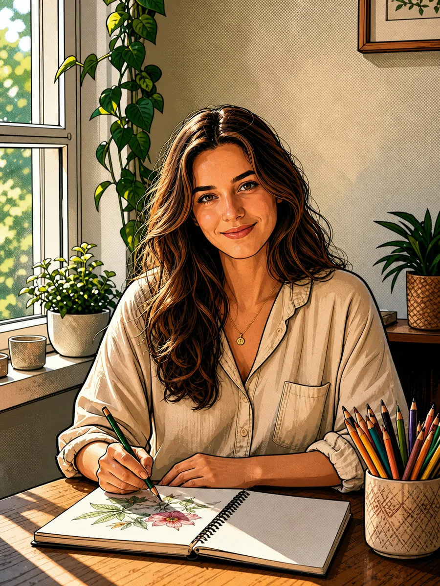 Same adult and drawing desk rendered as a modern color comic illustration