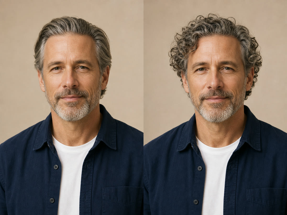 Straight salt-and-pepper hairstyle and natural curl preview shown side by side