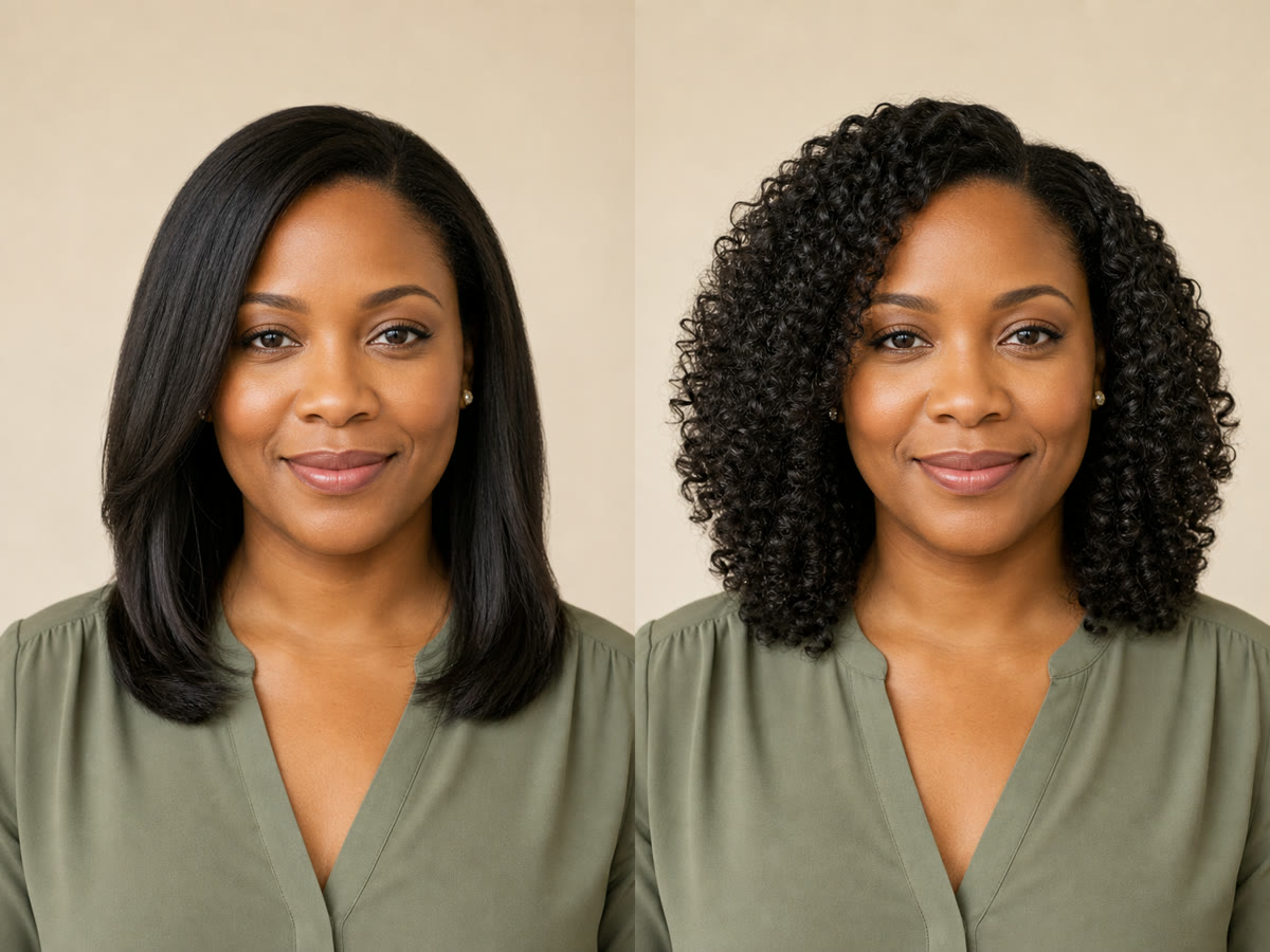 Smooth straight hairstyle and defined curl preview shown side by side