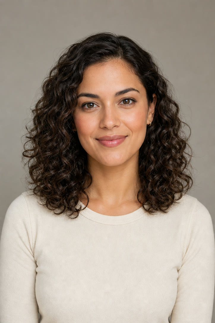 Same fictional portrait previewed with loose natural curls