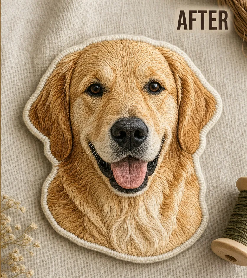 金毛犬照片生成的真实刺绣贴布视觉样机