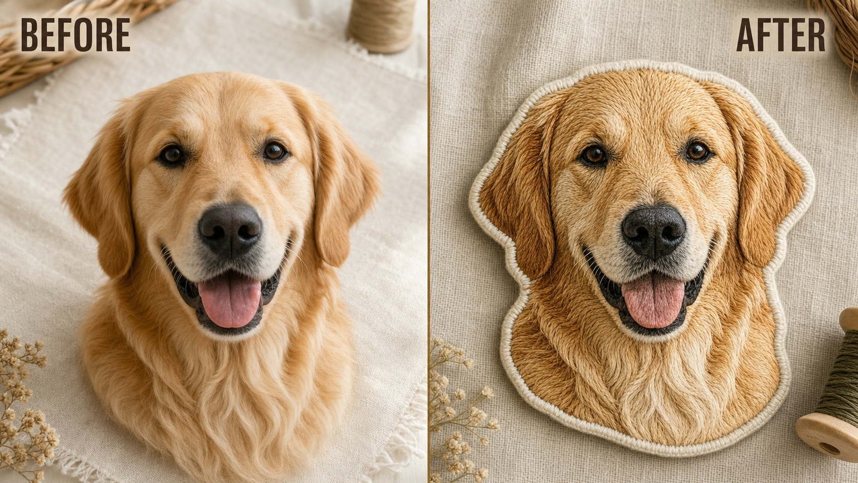 AI embroidery generator before and after stitched pet patch example