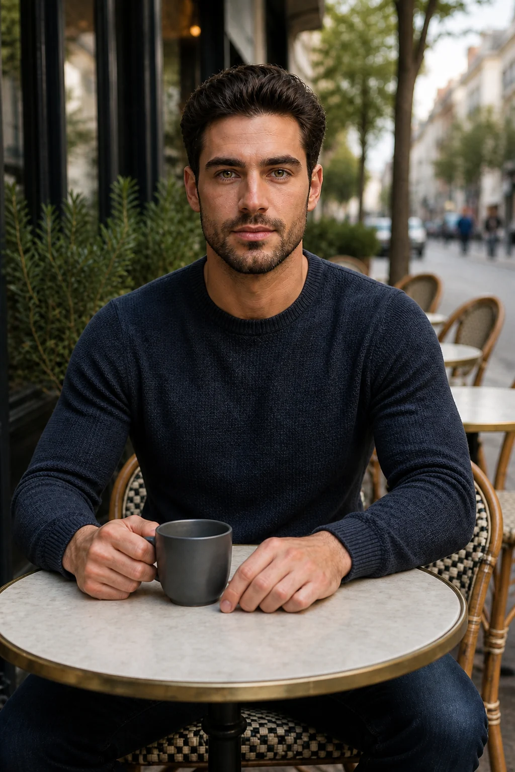 Humanized cafe portrait with realistic beard, knit texture, and daylight