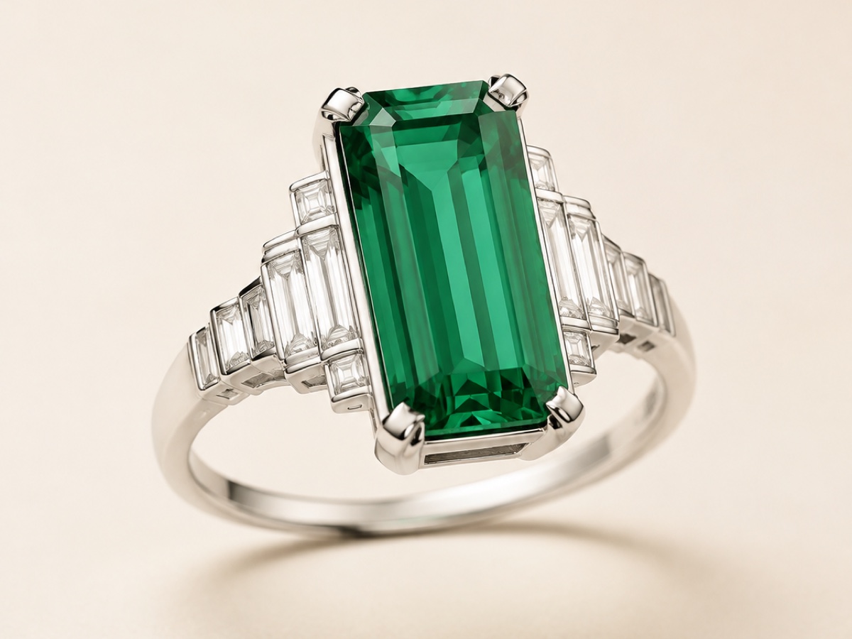 Art Deco emerald ring concept created for the AI jewelry design page