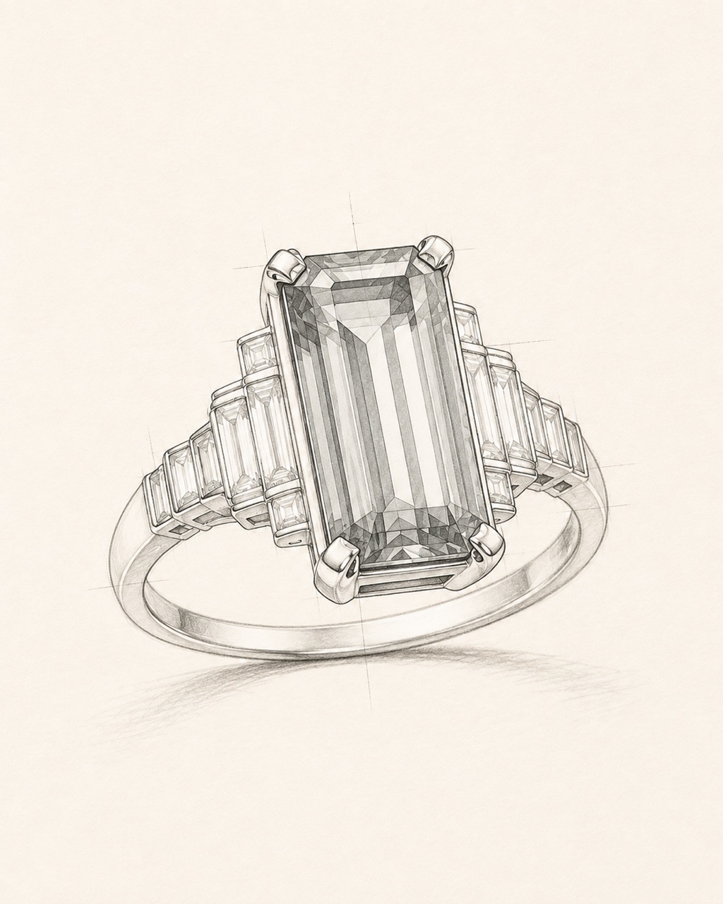 Graphite sketch of an Art Deco emerald cocktail ring