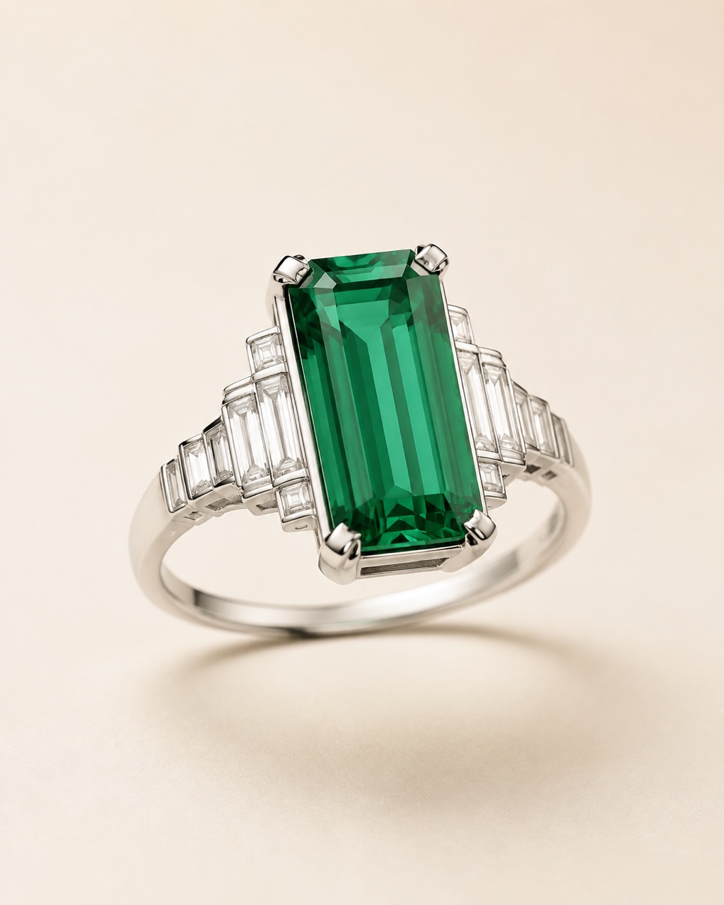 Art Deco platinum cocktail ring with a green emerald-cut center stone