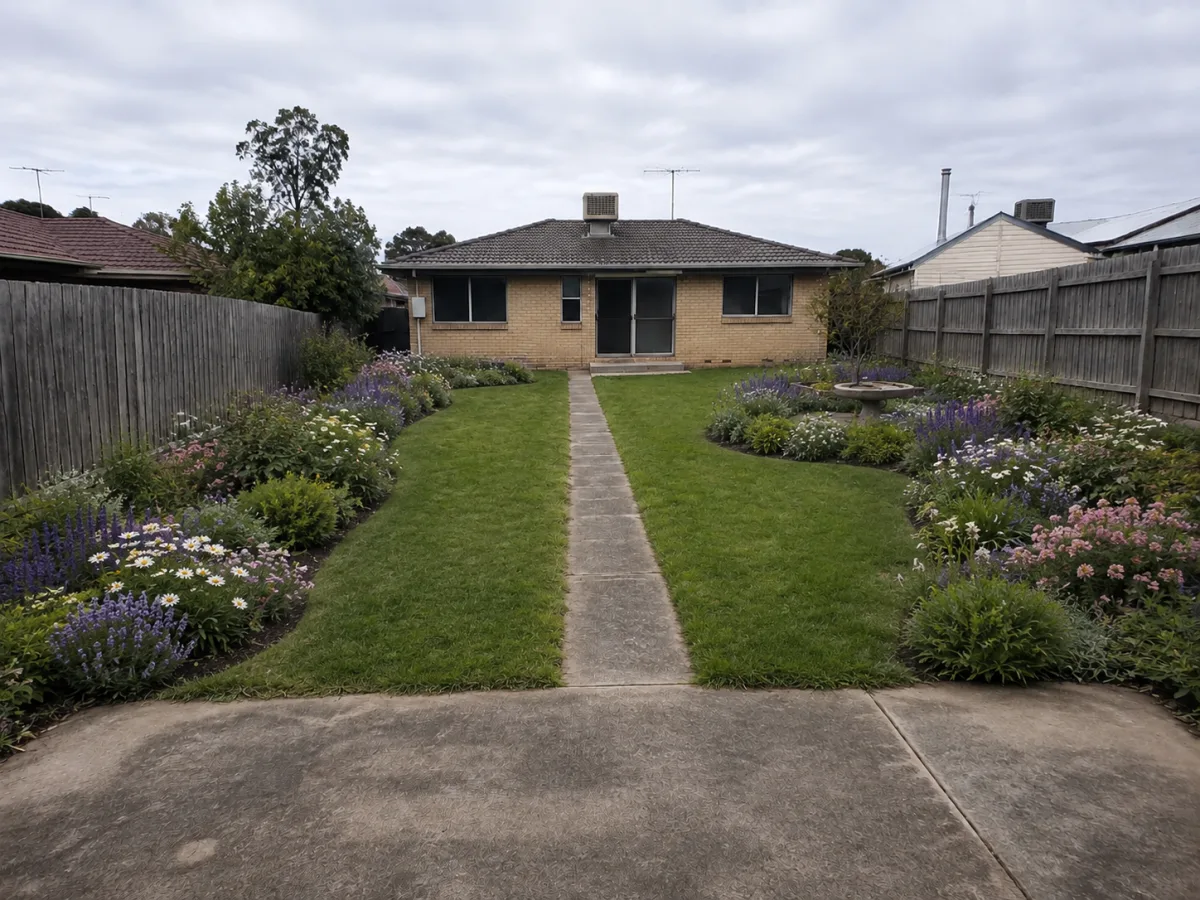 Cottage garden result ready for visual comparison against the unchanged original yard photo