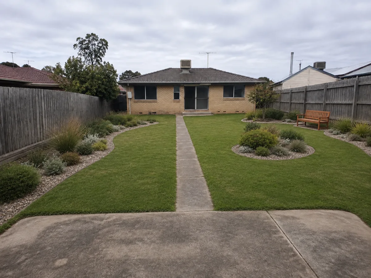 Modern low-maintenance AI landscape design for the fictional sample yard