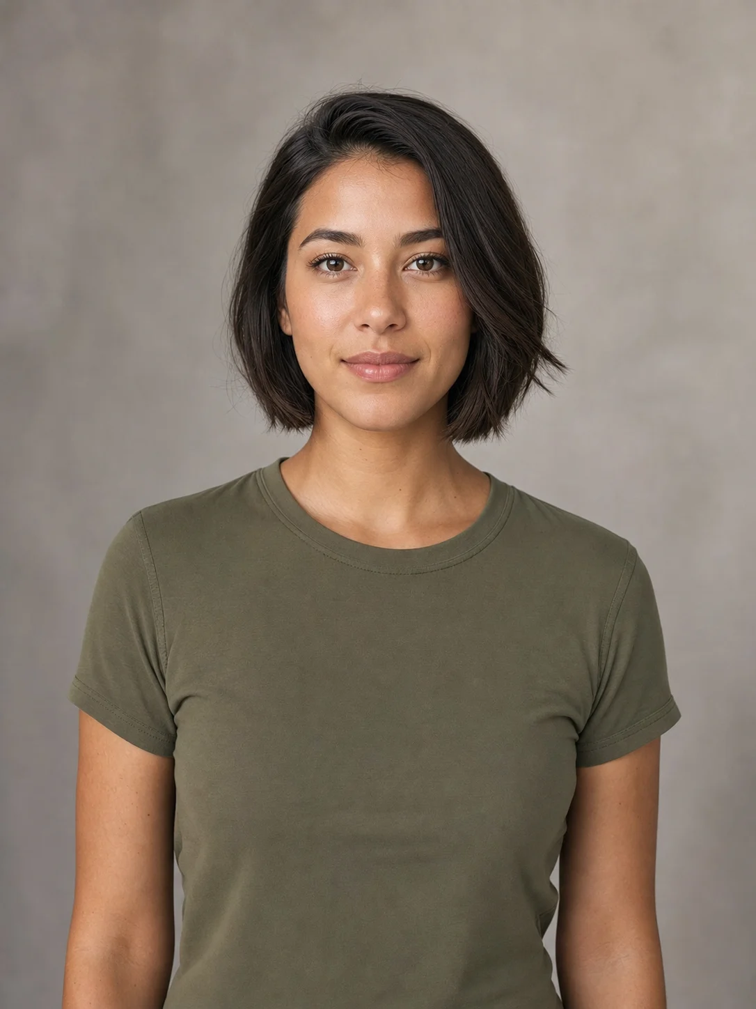 Fictional adult portrait with a short dark bob before using the AI long hair filter