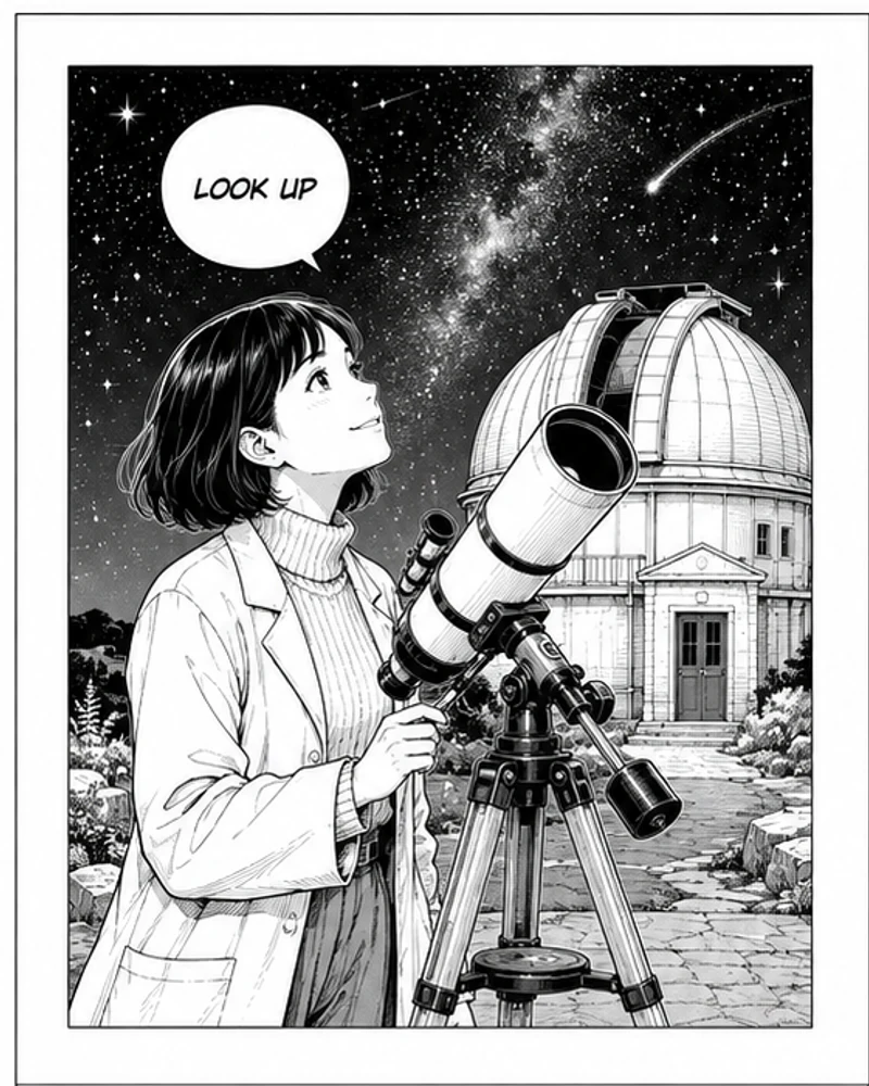 Fictional astronomer at an observatory line art