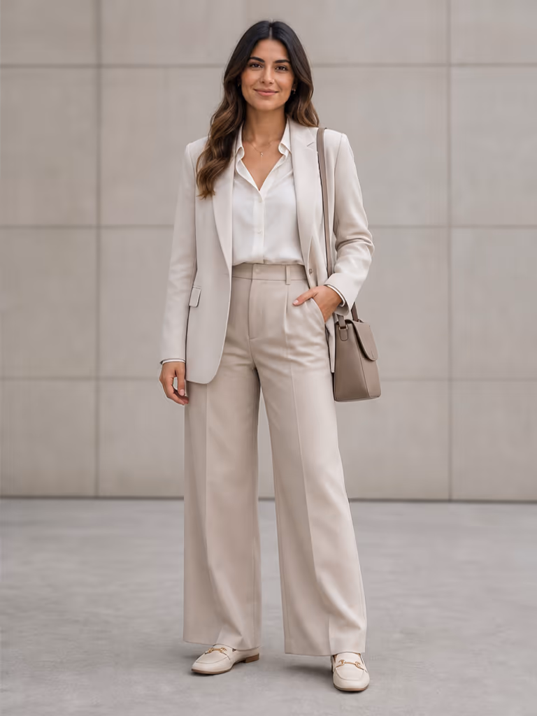 Same woman in a coordinated ivory conference outfit after using the AI outfit generator