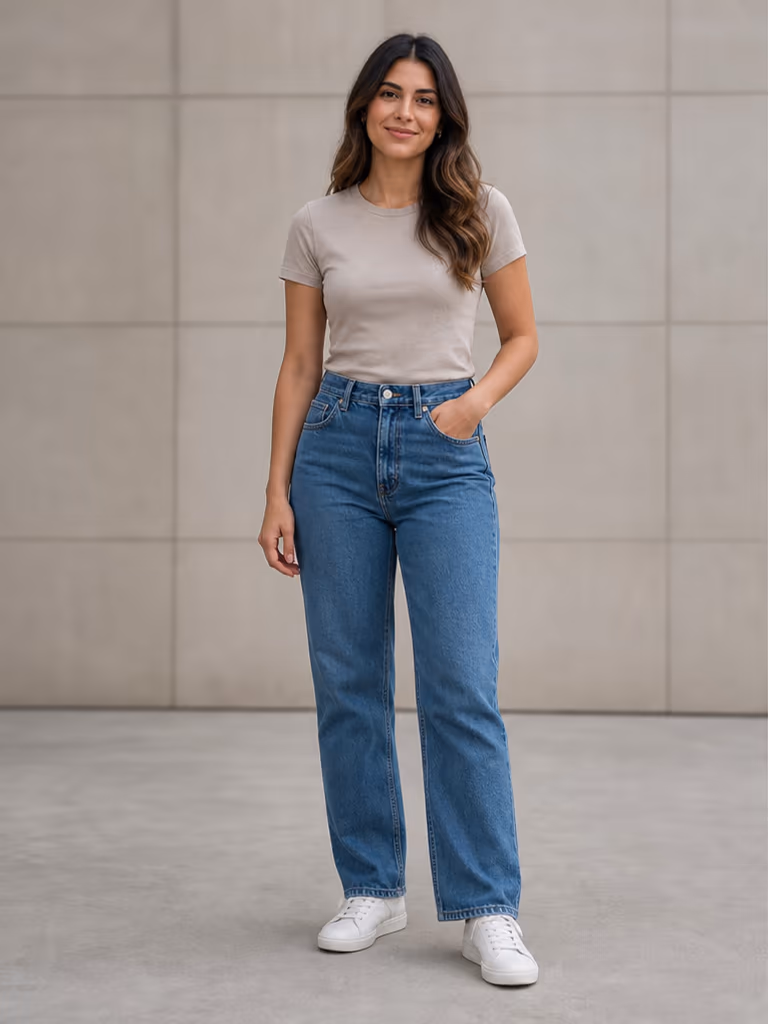 Woman in a casual T-shirt and jeans before planning a conference outfit