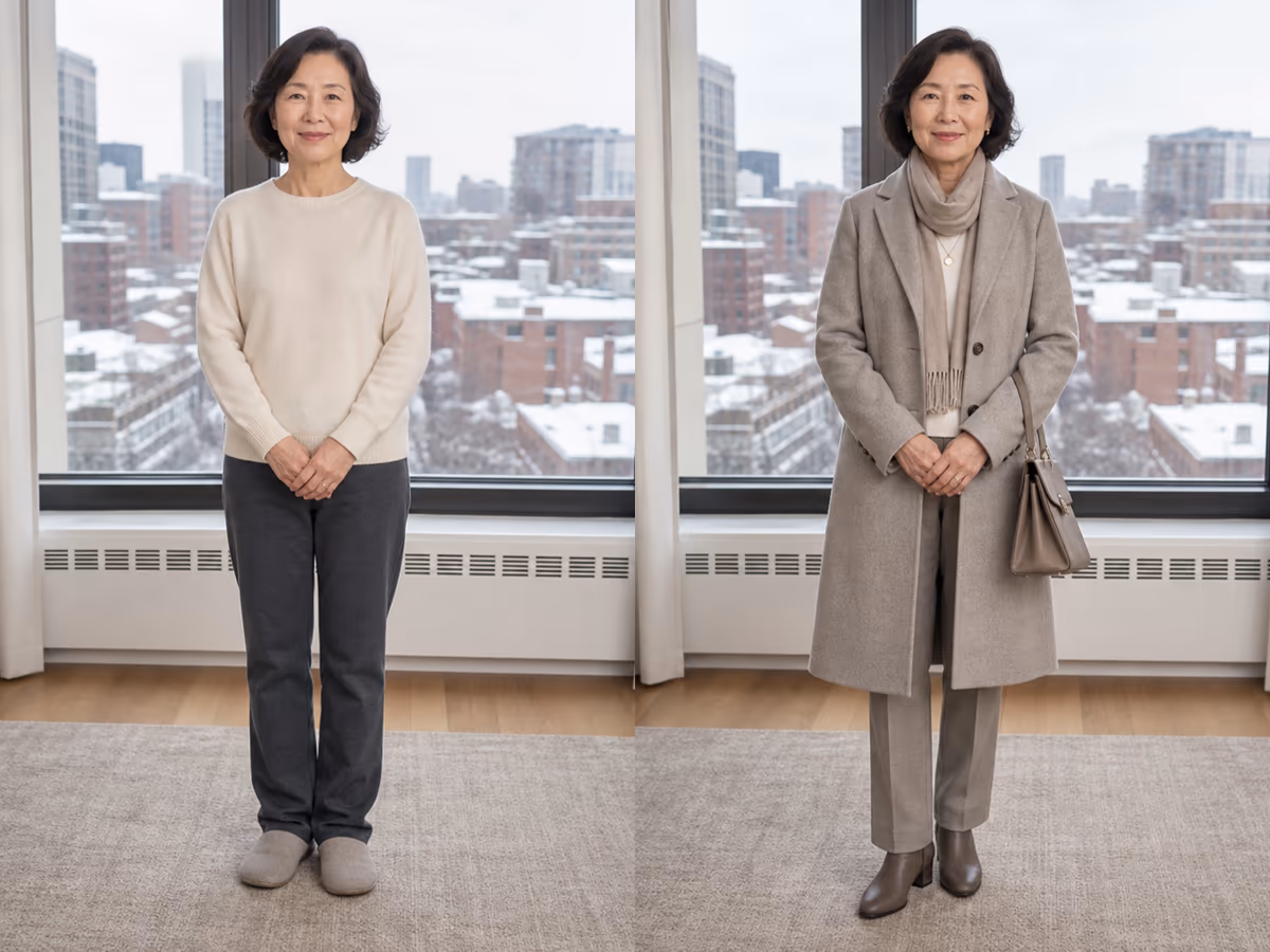 Before and after comparison for a complete winter city outfit