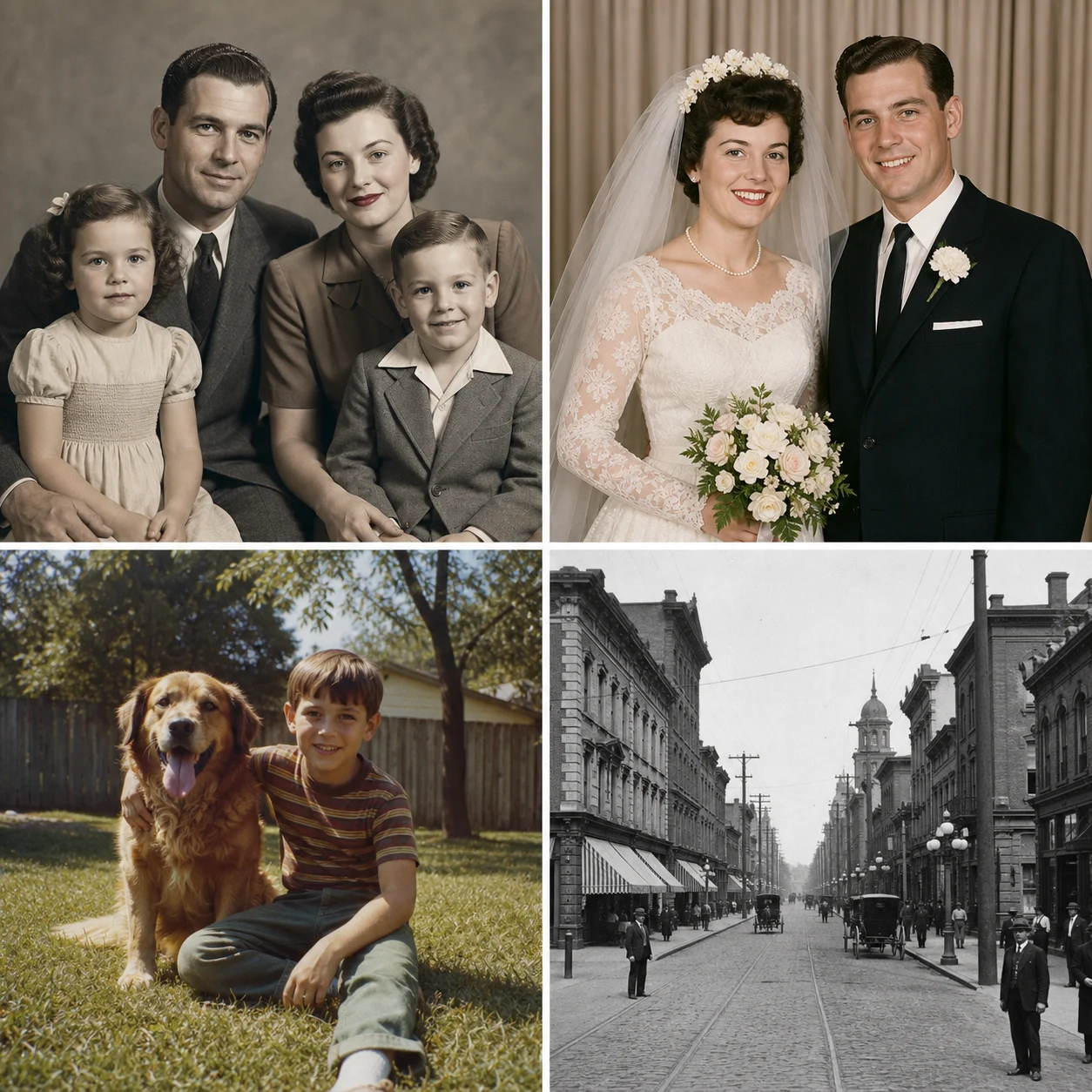Four fictional restored vintage photo examples