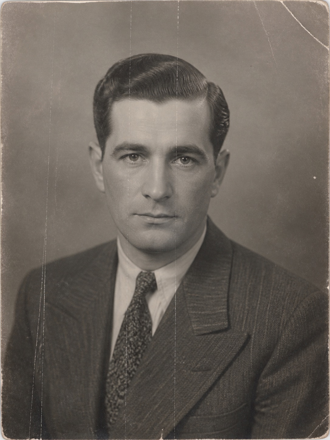 Fictional old portrait sample for AI photo restoration